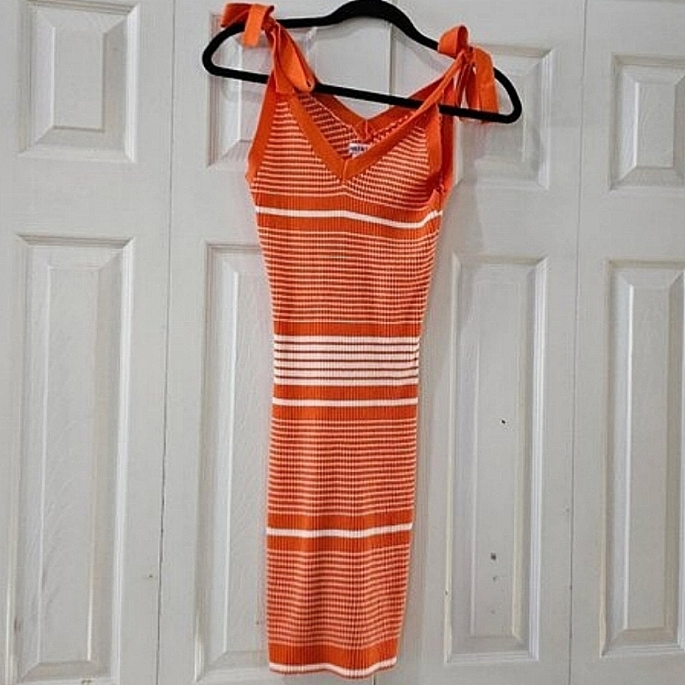Ashly & Sage Women's Orange Stripe Tie Shoulder Straps Knit Dress Size Small